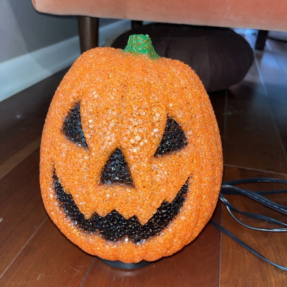 Vintage Melted Plastic Popcorn Pumpkin Light Up With Cord Working In EUC!